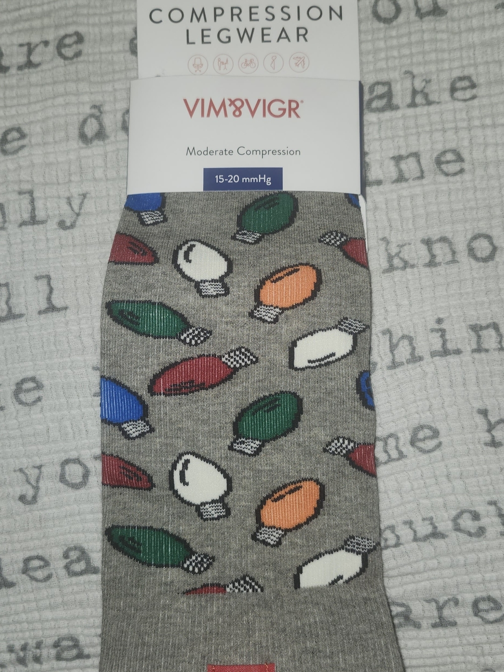 Vim & Vigr -Gray Compression Socks - Multi-Colored Light Bulb Pattern